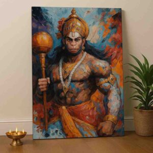 Artwork Theme: Lord Hanuman | Warrior | Devotional Art Material: Premium quality canvas Print Quality: High-resolution, fade-resistant printing Color Palette: Orange, blue, gold & earthy tones Size: 30 × 48 inches (Large Wall Art) Orientation: Vertical Frame: Ready-to-hang framed canvas Finish: Rich texture with premium matte finish