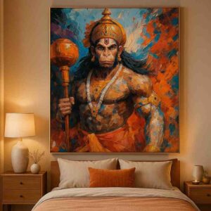 Artwork Theme: Lord Hanuman | Warrior | Devotional Art Material: Premium quality canvas Print Quality: High-resolution, fade-resistant printing Color Palette: Orange, blue, gold & earthy tones Size: 30 × 48 inches (Large Wall Art) Orientation: Vertical Frame: Ready-to-hang framed canvas Finish: Rich texture with premium matte finish