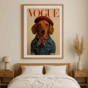 Dog wall art, fashion dog canvas painting, Vogue style wall art, modern pet wall décor, large canvas painting 30x48 inch, premium framed wall art, contemporary wall painting for bedroom, quirky dog artwork, designer wall art for home, statement wall décor