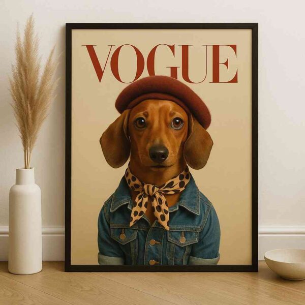 Dog wall art, fashion dog canvas painting, Vogue style wall art, modern pet wall décor, large canvas painting 30x48 inch, premium framed wall art, contemporary wall painting for bedroom, quirky dog artwork, designer wall art for home, statement wall décor