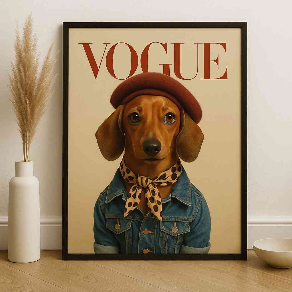 Dog wall art, fashion dog canvas painting, Vogue style wall art, modern pet wall décor, large canvas painting 30x48 inch, premium framed wall art, contemporary wall painting for bedroom, quirky dog artwork, designer wall art for home, statement wall décor