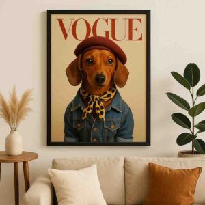 Dog wall art, fashion dog canvas painting, Vogue style wall art, modern pet wall décor, large canvas painting 30x48 inch, premium framed wall art, contemporary wall painting for bedroom, quirky dog artwork, designer wall art for home, statement wall décor