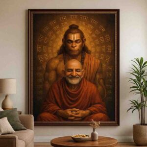 Hanuman wall art, Shri Ram bhakti painting, devotional wall art for home, spiritual guru wall painting, Hindu devotional canvas painting 30x48 inch, large canvas painting, vastu spiritual wall art, premium framed religious painting, meditation wall décor, divine devotion wall art