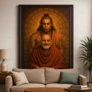 Hanuman wall art, Shri Ram bhakti painting, devotional wall art for home, spiritual guru wall painting, Hindu devotional canvas painting 30x48 inch, large canvas painting, vastu spiritual wall art, premium framed religious painting, meditation wall décor, divine devotion wall art