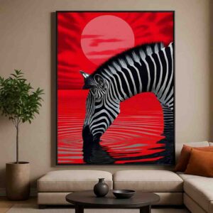 zebra wall art, modern wildlife canvas painting, zebra painting 30x48 inch, red black wall décor, animal wall art for living room, contemporary framed canvas painting, luxury home décor wall art, office wall art painting
