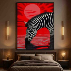 zebra wall art, modern wildlife canvas painting, zebra painting 30x48 inch, red black wall décor, animal wall art for living room, contemporary framed canvas painting, luxury home décor wall art, office wall art painting