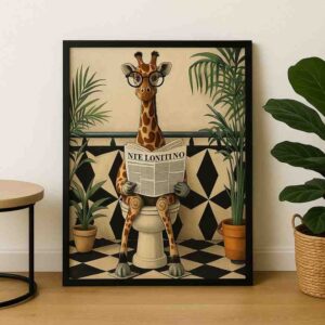 quirky animal wall art, giraffe canvas painting, humorous modern wall decor, whimsical pop art canvas, statement wall art for living room