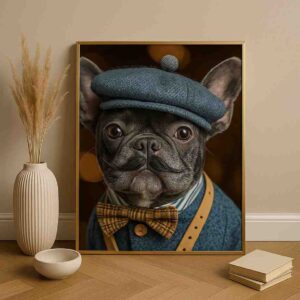 french bulldog wall art, dog portrait canvas painting, quirky pet wall decor, luxury animal wall art, whimsical modern canvas art