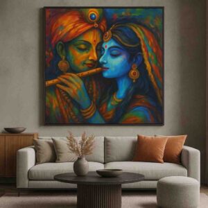 radha krishna wall art, krishna flute painting, devotional canvas painting 30x48 inch, abstract radha krishna painting, spiritual wall décor, large canvas wall art for living room, premium framed wall painting, pooja room wall art
