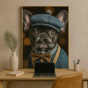 french bulldog wall art, dog portrait canvas painting, quirky pet wall decor, luxury animal wall art, whimsical modern canvas art