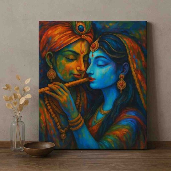 radha krishna wall art, krishna flute painting, devotional canvas painting 30x48 inch, abstract radha krishna painting, spiritual wall décor, large canvas wall art for living room, premium framed wall painting, pooja room wall art
