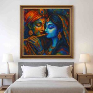 radha krishna wall art, krishna flute painting, devotional canvas painting 30x48 inch, abstract radha krishna painting, spiritual wall décor, large canvas wall art for living room, premium framed wall painting, pooja room wall art