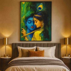 radha krishna wall art, green radha krishna painting, krishna flute canvas painting, devotional wall art 30x48 inch, peacock feather krishna painting, spiritual wall décor for living room, premium framed canvas painting, pooja room wall art