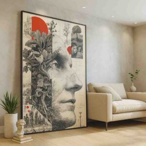 contemporary portrait wall art, collage face canvas painting, modern monochrome wall art, large vertical wall art 30x48, luxury abstract portrait art