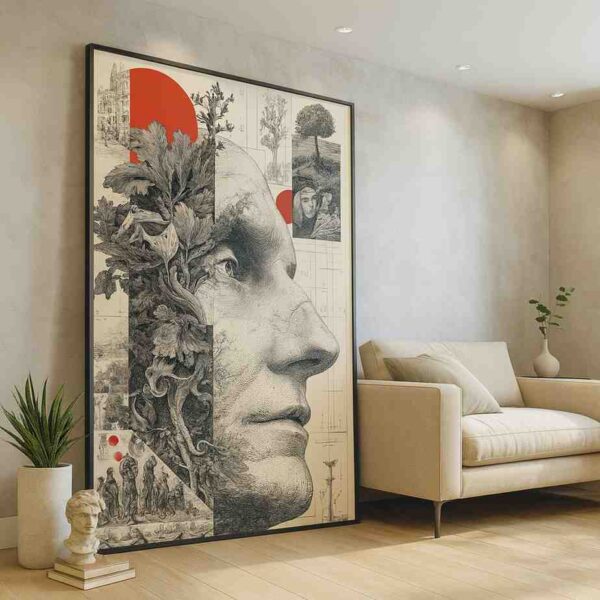 contemporary portrait wall art, collage face canvas painting, modern monochrome wall art, large vertical wall art 30x48, luxury abstract portrait art