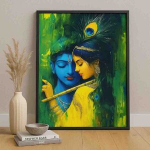 radha krishna wall art, green radha krishna painting, krishna flute canvas painting, devotional wall art 30x48 inch, peacock feather krishna painting, spiritual wall décor for living room, premium framed canvas painting, pooja room wall art