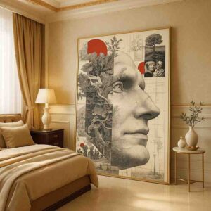 contemporary portrait wall art, collage face canvas painting, modern monochrome wall art, large vertical wall art 30x48, luxury abstract portrait art