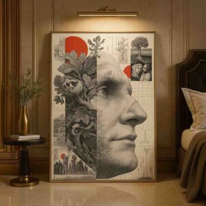 contemporary portrait wall art, collage face canvas painting, modern monochrome wall art, large vertical wall art 30x48, luxury abstract portrait art