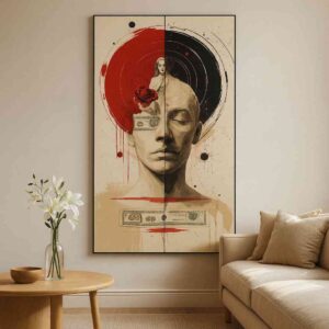 symbolic portrait wall art, surreal face canvas painting, red black modern wall art, large statement art 30x48, contemporary conceptual canvas