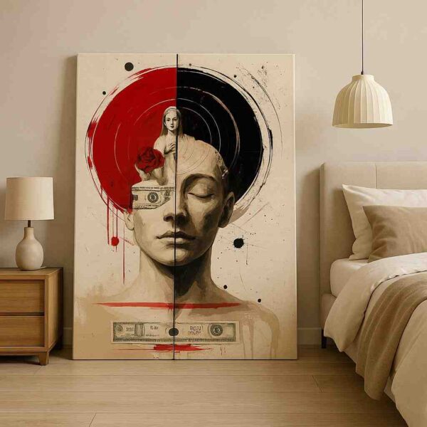 symbolic portrait wall art, surreal face canvas painting, red black modern wall art, large statement art 30x48, contemporary conceptual canvas