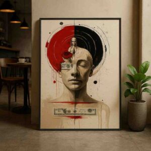 symbolic portrait wall art, surreal face canvas painting, red black modern wall art, large statement art 30x48, contemporary conceptual canvas