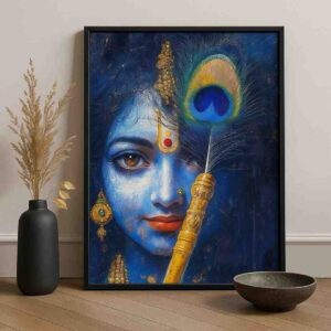 Krishna wall art painting, blue Krishna canvas painting, spiritual wall décor 30x48 inch, peacock feather Krishna art, luxury religious wall art, premium framed canvas painting, modern pooja room décor