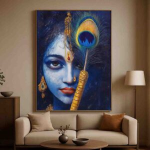Krishna wall art painting, blue Krishna canvas painting, spiritual wall décor 30x48 inch, peacock feather Krishna art, luxury religious wall art, premium framed canvas painting, modern pooja room décor