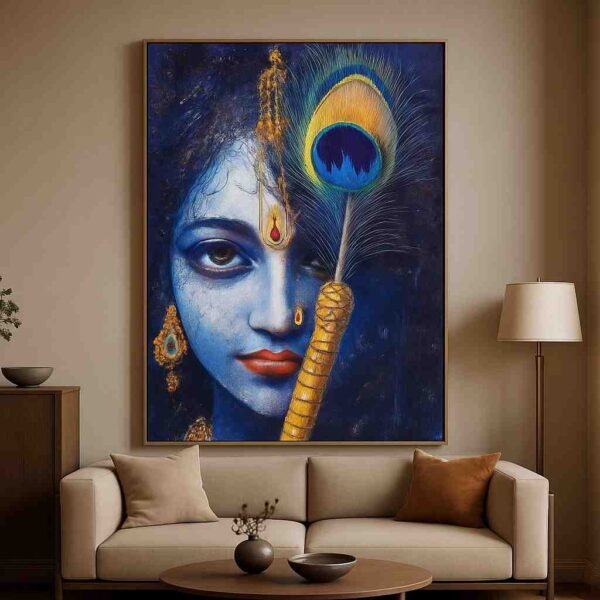 Krishna wall art painting, blue Krishna canvas painting, spiritual wall décor 30x48 inch, peacock feather Krishna art, luxury religious wall art, premium framed canvas painting, modern pooja room décor