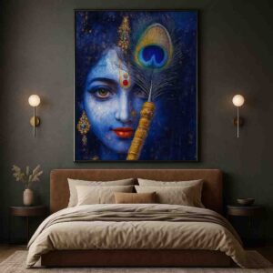 Krishna wall art painting, blue Krishna canvas painting, spiritual wall décor 30x48 inch, peacock feather Krishna art, luxury religious wall art, premium framed canvas painting, modern pooja room décor