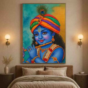 Bal Krishna wall art, Krishna child painting 30x48 inch, spiritual wall décor for home, Krishna flute canvas painting, premium religious wall art, luxury framed Krishna painting, modern pooja room décor