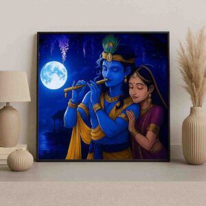 Radha Krishna wall art, Krishna flute painting, devotional wall art for home, Radha Krishna canvas painting 30x48 inch, Hindu god wall painting, large canvas painting, vastu Radha Krishna wall art, premium framed religious painting, spiritual love wall décor, divine couple wall art