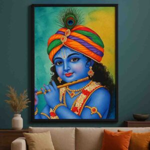 Bal Krishna wall art, Krishna child painting 30x48 inch, spiritual wall décor for home, Krishna flute canvas painting, premium religious wall art, luxury framed Krishna painting, modern pooja room décor
