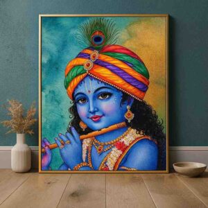 Bal Krishna wall art, Krishna child painting 30x48 inch, spiritual wall décor for home, Krishna flute canvas painting, premium religious wall art, luxury framed Krishna painting, modern pooja room décor
