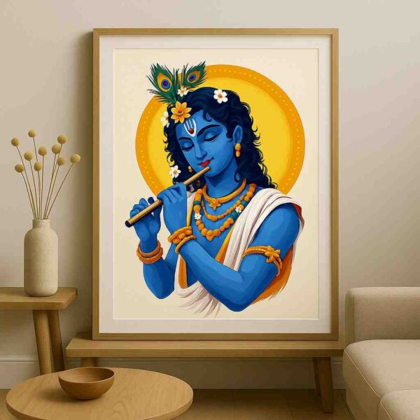 Krishna flute wall art 30x48 inch, Lord Krishna canvas painting, spiritual wall décor for home, premium Krishna painting framed, religious wall art modern, Krishna peacock feather painting, luxury pooja room décor