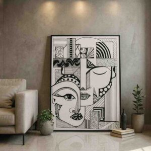 abstract cubist wall art, black and white abstract painting, cubism face wall art, modern abstract face painting, geometric portrait wall art, contemporary wall decor canvas, minimalist wall art painting, modern living room wall art, office wall decor painting, premium canvas wall art, abstract line art face, luxury home decor painting