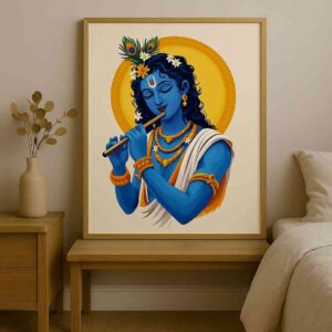Krishna flute wall art 30x48 inch, Lord Krishna canvas painting, spiritual wall décor for home, premium Krishna painting framed, religious wall art modern, Krishna peacock feather painting, luxury pooja room décor