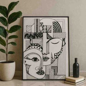 abstract cubist wall art, black and white abstract painting, cubism face wall art, modern abstract face painting, geometric portrait wall art, contemporary wall decor canvas, minimalist wall art painting, modern living room wall art, office wall decor painting, premium canvas wall art, abstract line art face, luxury home decor painting