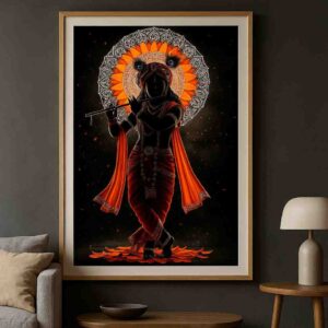 Krishna dark wall art 30x48 inch, Shyam Krishna canvas painting, luxury spiritual wall décor, Krishna flute black background painting, premium Krishna framed art, pooja room wall art modern, Indian mythology luxury painting