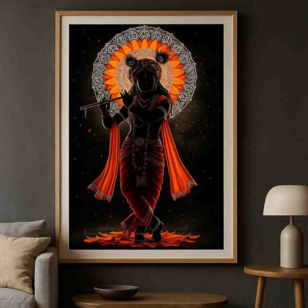 Krishna dark wall art 30x48 inch, Shyam Krishna canvas painting, luxury spiritual wall décor, Krishna flute black background painting, premium Krishna framed art, pooja room wall art modern, Indian mythology luxury painting