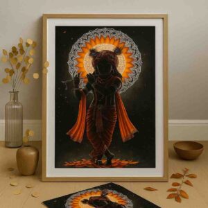 Krishna dark wall art 30x48 inch, Shyam Krishna canvas painting, luxury spiritual wall décor, Krishna flute black background painting, premium Krishna framed art, pooja room wall art modern, Indian mythology luxury painting