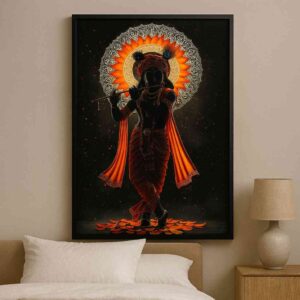 Krishna dark wall art 30x48 inch, Shyam Krishna canvas painting, luxury spiritual wall décor, Krishna flute black background painting, premium Krishna framed art, pooja room wall art modern, Indian mythology luxury painting