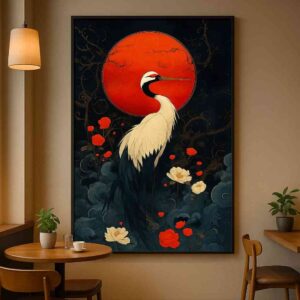 Crane wall art 30x48 inch, Japanese style crane painting, red sun wall art canvas, luxury minimalist wall décor, oriental bird painting framed, modern dining room wall art, premium canvas painting India