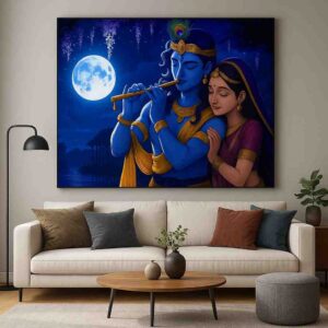 Radha Krishna wall art, Krishna flute painting, devotional wall art for home, Radha Krishna canvas painting 30x48 inch, Hindu god wall painting, large canvas painting, vastu Radha Krishna wall art, premium framed religious painting, spiritual love wall décor, divine couple wall art