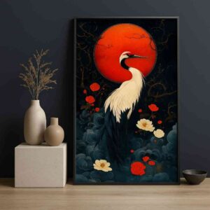 Crane wall art 30x48 inch, Japanese style crane painting, red sun wall art canvas, luxury minimalist wall décor, oriental bird painting framed, modern dining room wall art, premium canvas painting India