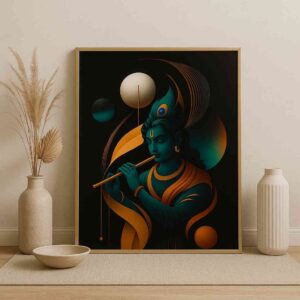 Krishna wall art 30x48 inch, modern Krishna painting canvas, abstract spiritual wall décor, luxury Krishna wall art framed, premium canvas painting for living room, contemporary Hindu wall art India