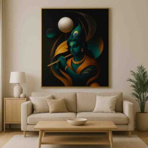 Krishna wall art 30x48 inch, modern Krishna painting canvas, abstract spiritual wall décor, luxury Krishna wall art framed, premium canvas painting for living room, contemporary Hindu wall art India