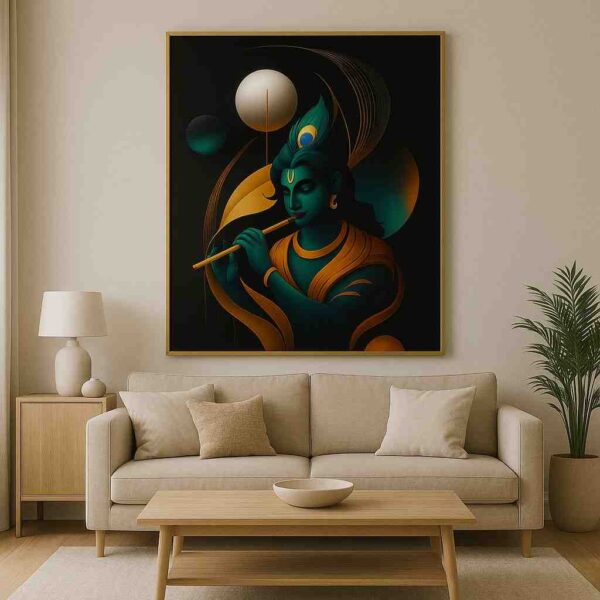 Krishna wall art 30x48 inch, modern Krishna painting canvas, abstract spiritual wall décor, luxury Krishna wall art framed, premium canvas painting for living room, contemporary Hindu wall art India