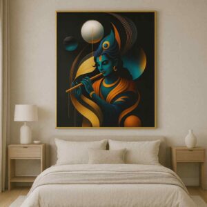 Krishna wall art 30x48 inch, modern Krishna painting canvas, abstract spiritual wall décor, luxury Krishna wall art framed, premium canvas painting for living room, contemporary Hindu wall art India