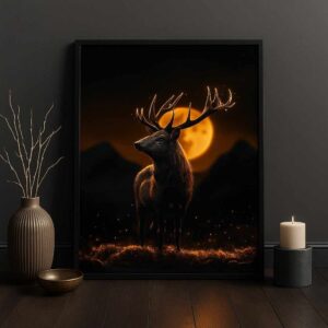 Deer wall art 30x48 inch, stag canvas painting, luxury wildlife wall art framed, dark aesthetic wall décor, modern animal painting for living room, premium canvas wall art India