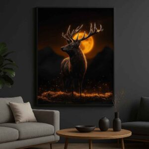 Deer wall art 30x48 inch, stag canvas painting, luxury wildlife wall art framed, dark aesthetic wall décor, modern animal painting for living room, premium canvas wall art India
